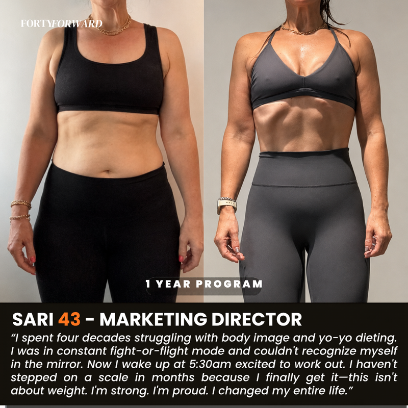 Forty Forward client before and after, Sari, 1 year with the 35+ Metabolic Reset program